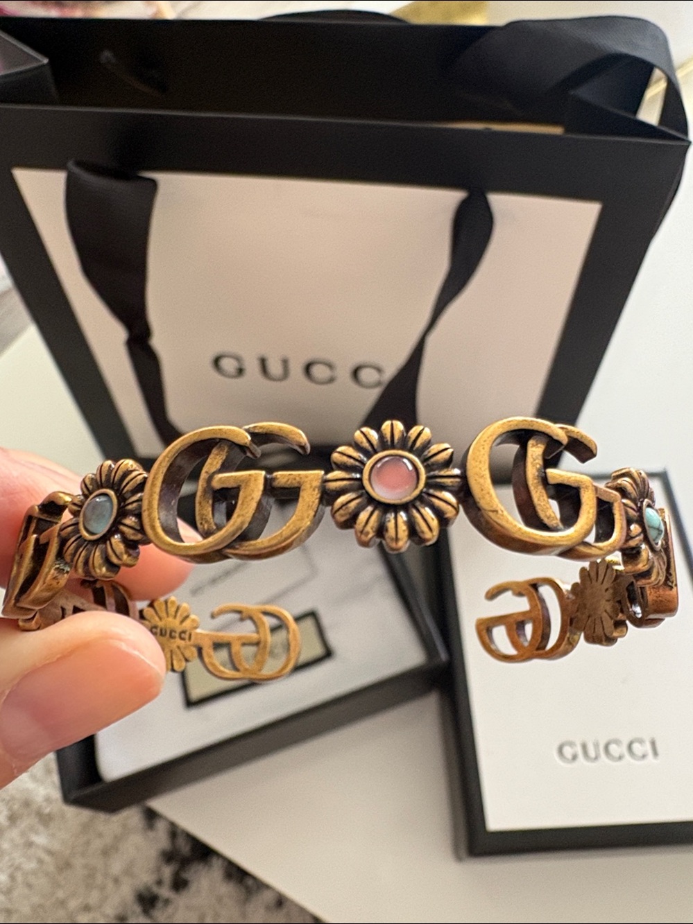 Gucci Old Gold Tone GG Daisy Bracelet with Pink and Turquoise Enamel Accents